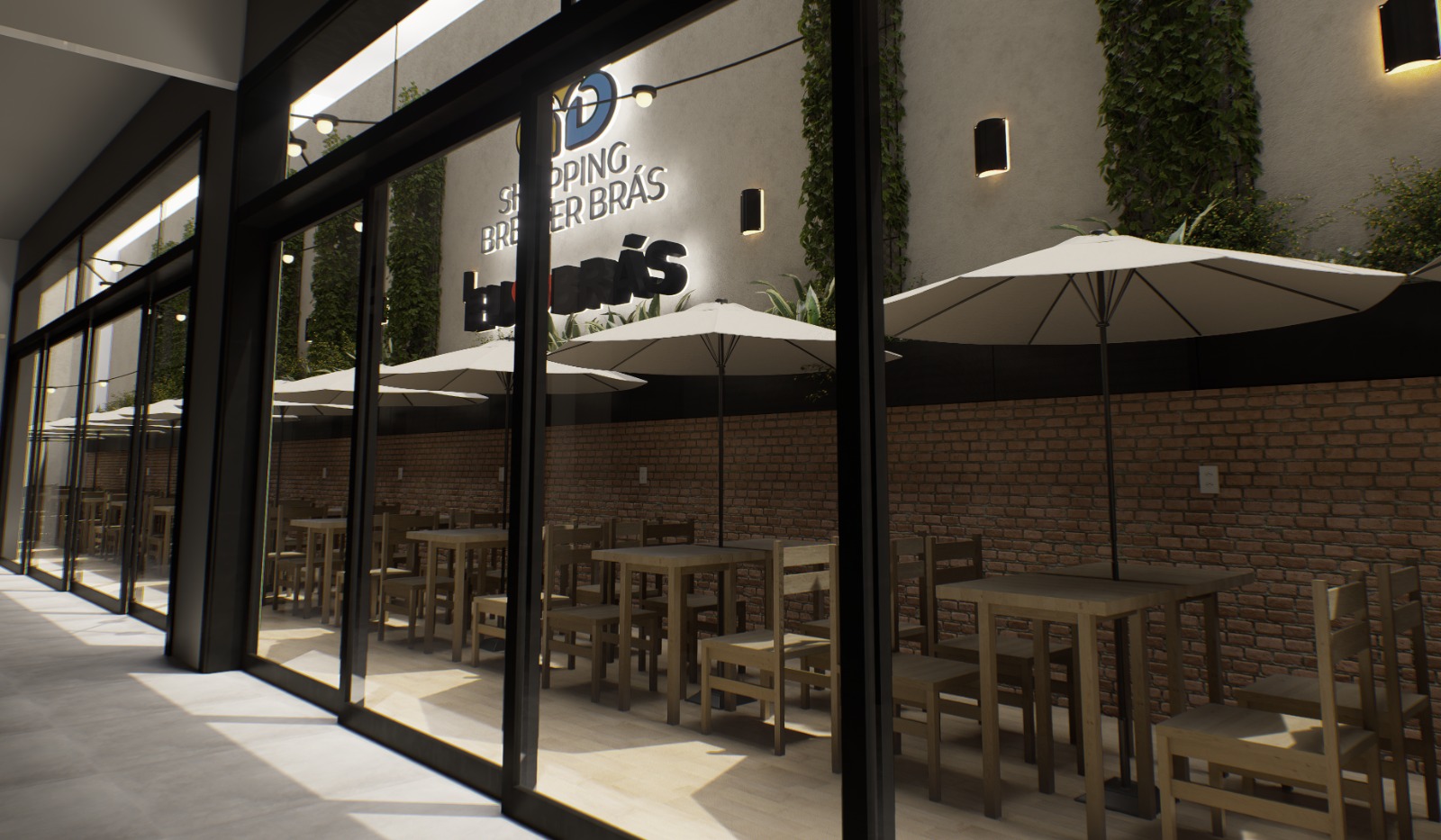Praça de alimentação do Shopping Bresser Brás - fachada de vidro